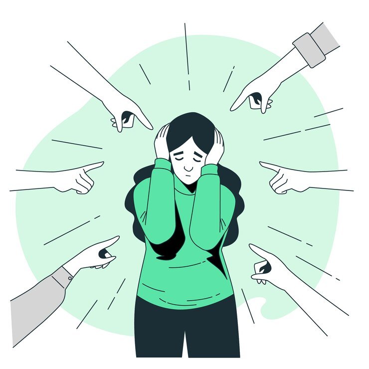 Ilustração de mulher em situação de refúgio sendo julgada por dedos que apontam